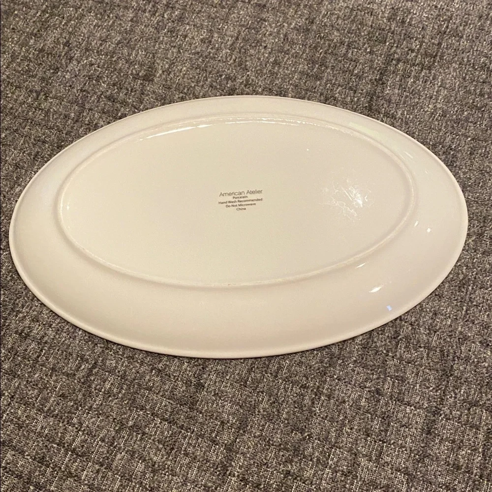 American Atelier Season's Greetings Oval Platter - White with Deer. Ceramic.